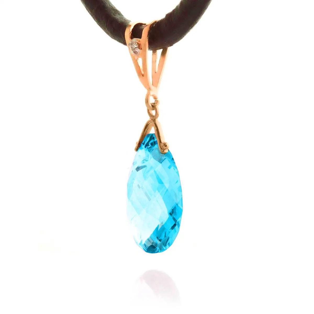 14K Solid Rose Gold & Leather Diamond & Blue Topaz Necklace