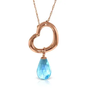 14K Solid Rose Gold Heart Necklace w/ Dangling Natural Blue Topaz