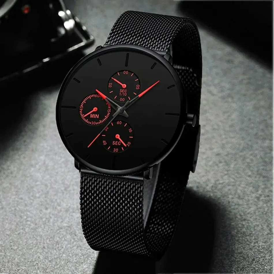 2024 Mens Watches for Men Ultra Thin Clock  Stainless Steel Mesh Belt Quartz Watch Relogio Masculino