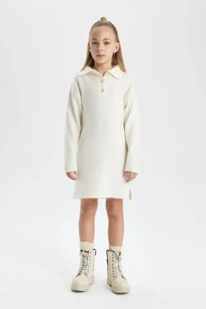 Defacto Girl's Ecru Polo Neck Long Sleeve Knitwear Dress