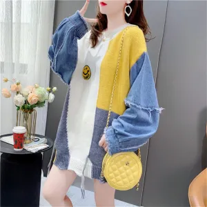 Denim Tassel Patchwork Knit Sweater Worn Outside Loose Fit Cardigan