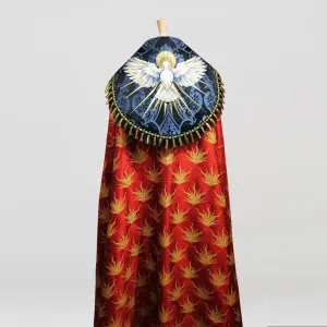 Dove Cope in Red 'Pentecost' Brocade with Bellini Blue/Black 'Gothic' Hood and Embroidery