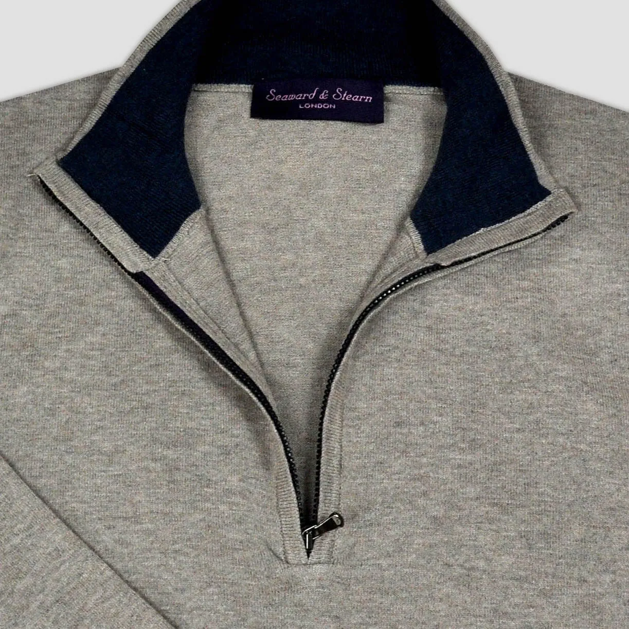 Fine Cotton Quarter Zip Collar in Mink with Blue Collar