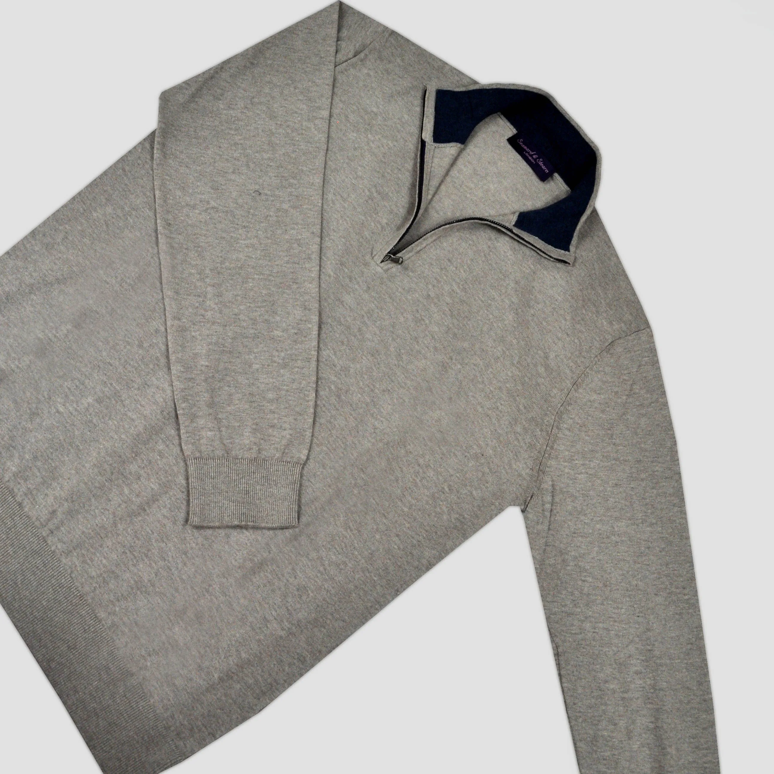 Fine Cotton Quarter Zip Collar in Mink with Blue Collar