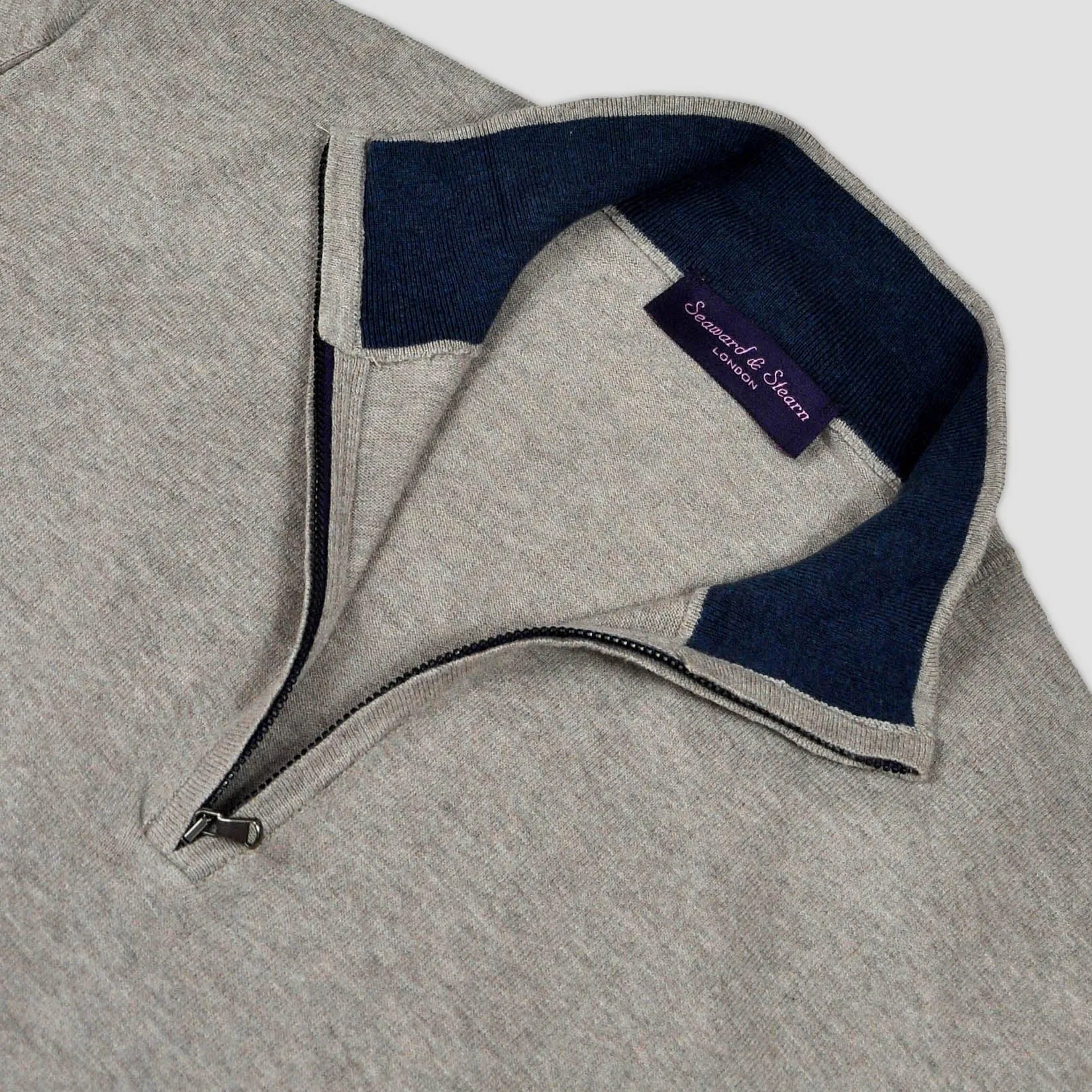 Fine Cotton Quarter Zip Collar in Mink with Blue Collar