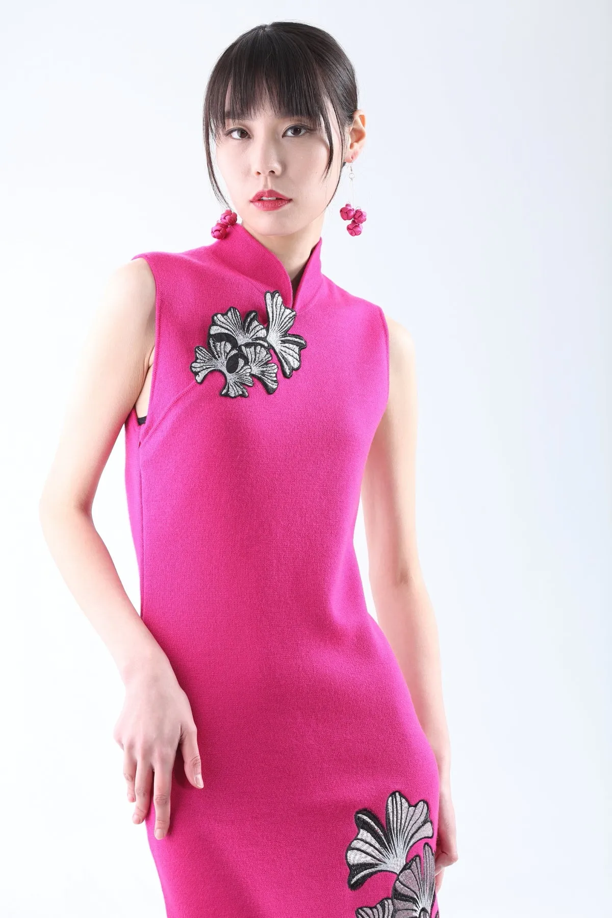 Fuchsia Ginkgo Leaf Embroidery Knit Qipao