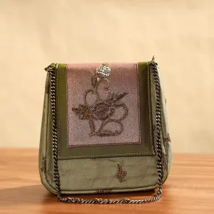 Green - Fabric Embellished Embroidered Party Hand Bag