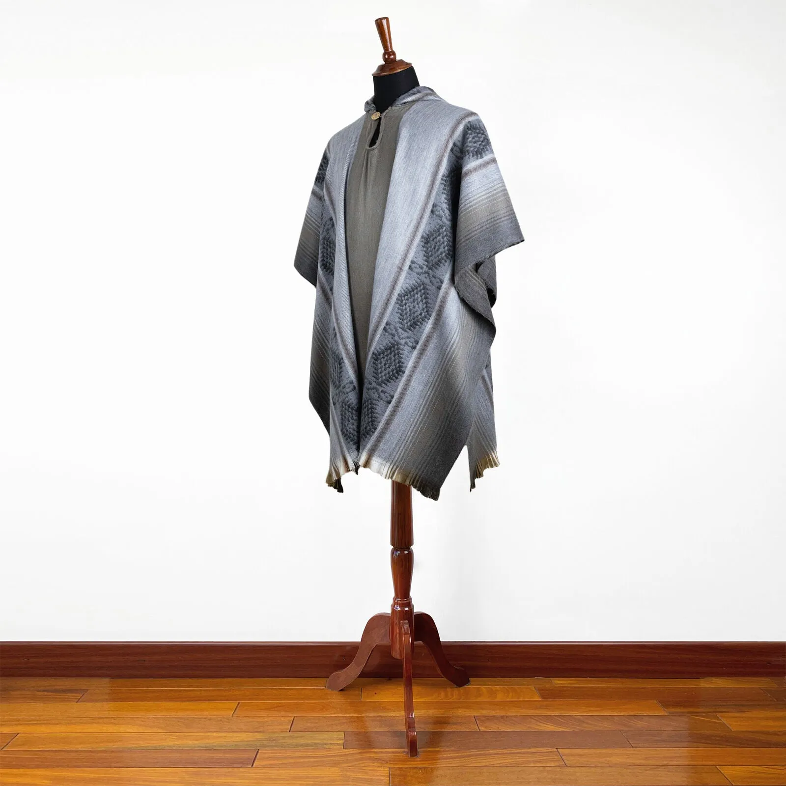 Guaviare - Lightweight Baby Alpaca Hooded Poncho - Gray/Brown - Unisex