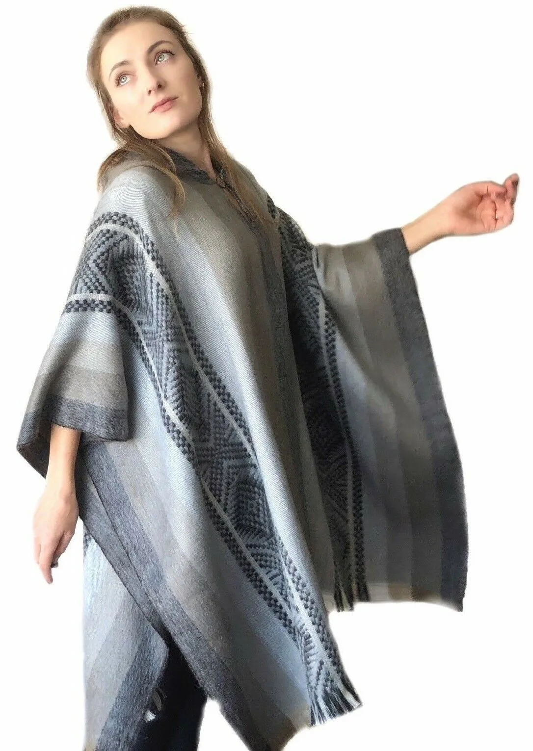 Guaviare - Lightweight Baby Alpaca Hooded Poncho - Gray/Brown - Unisex