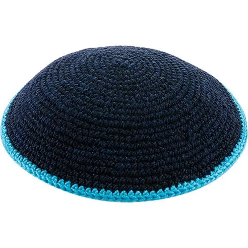 Knitted Dmc Kippah 12 Cm, Dark Blue With Light Blue Line