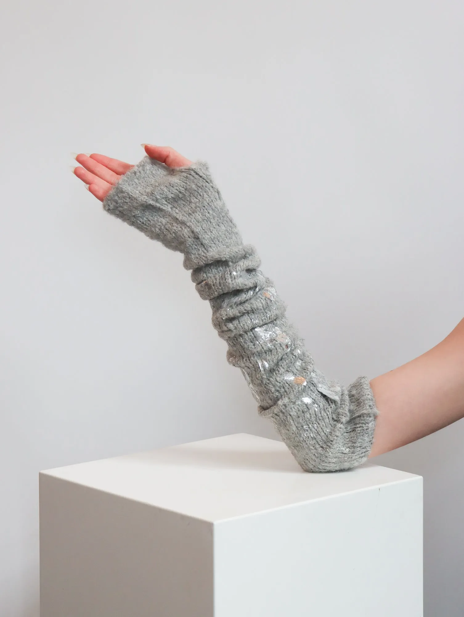 Long Line Mittens in Light Gray & Foil by Amano by Lorena Laing