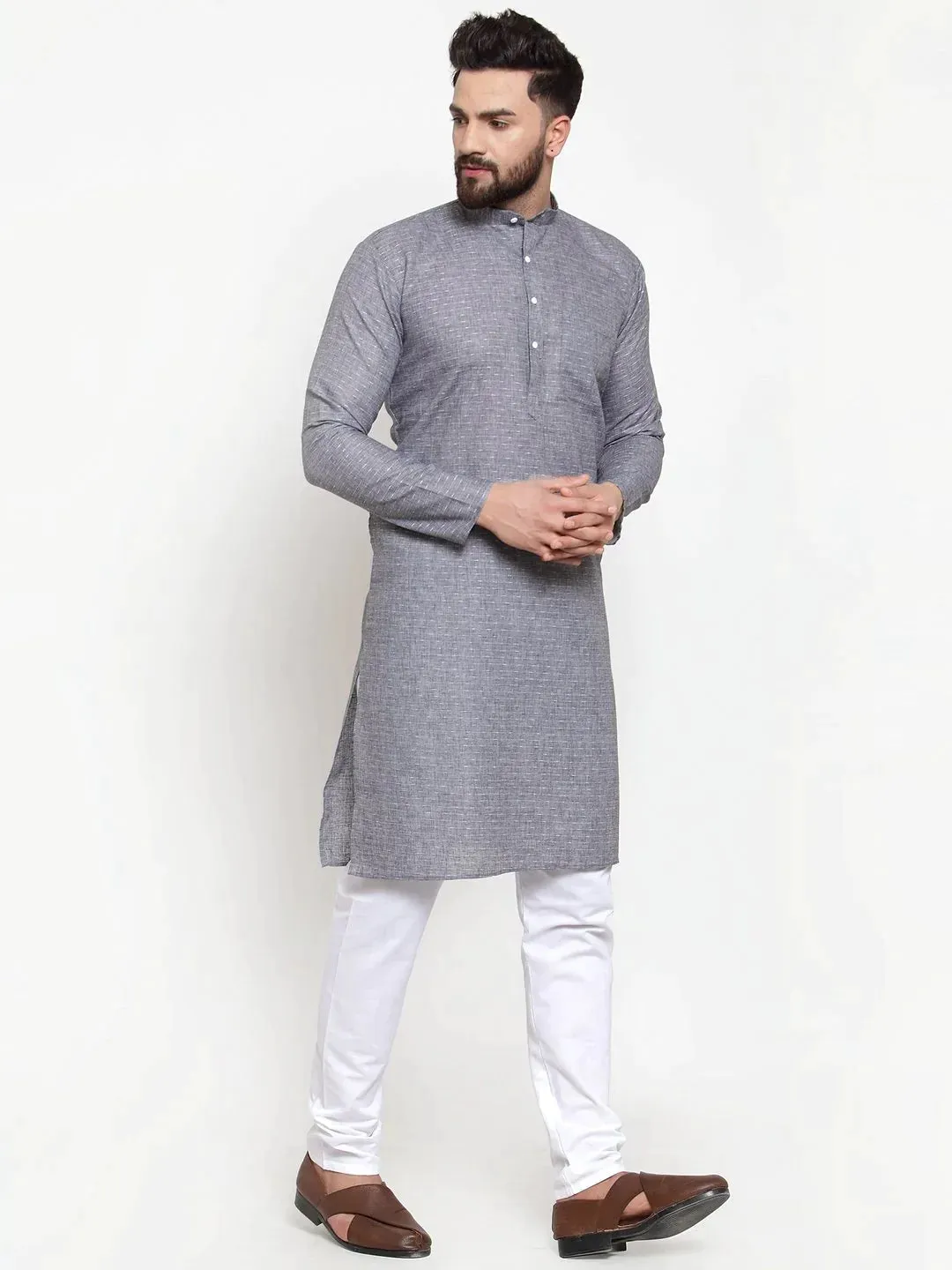 Men Grey Self-Design Kurta With Churidar