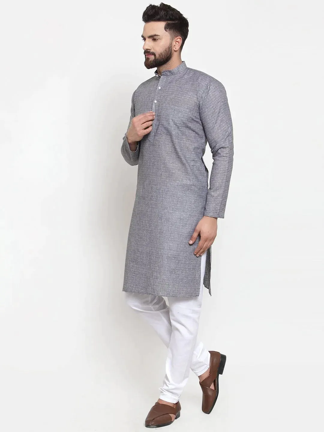 Men Grey Self-Design Kurta With Churidar