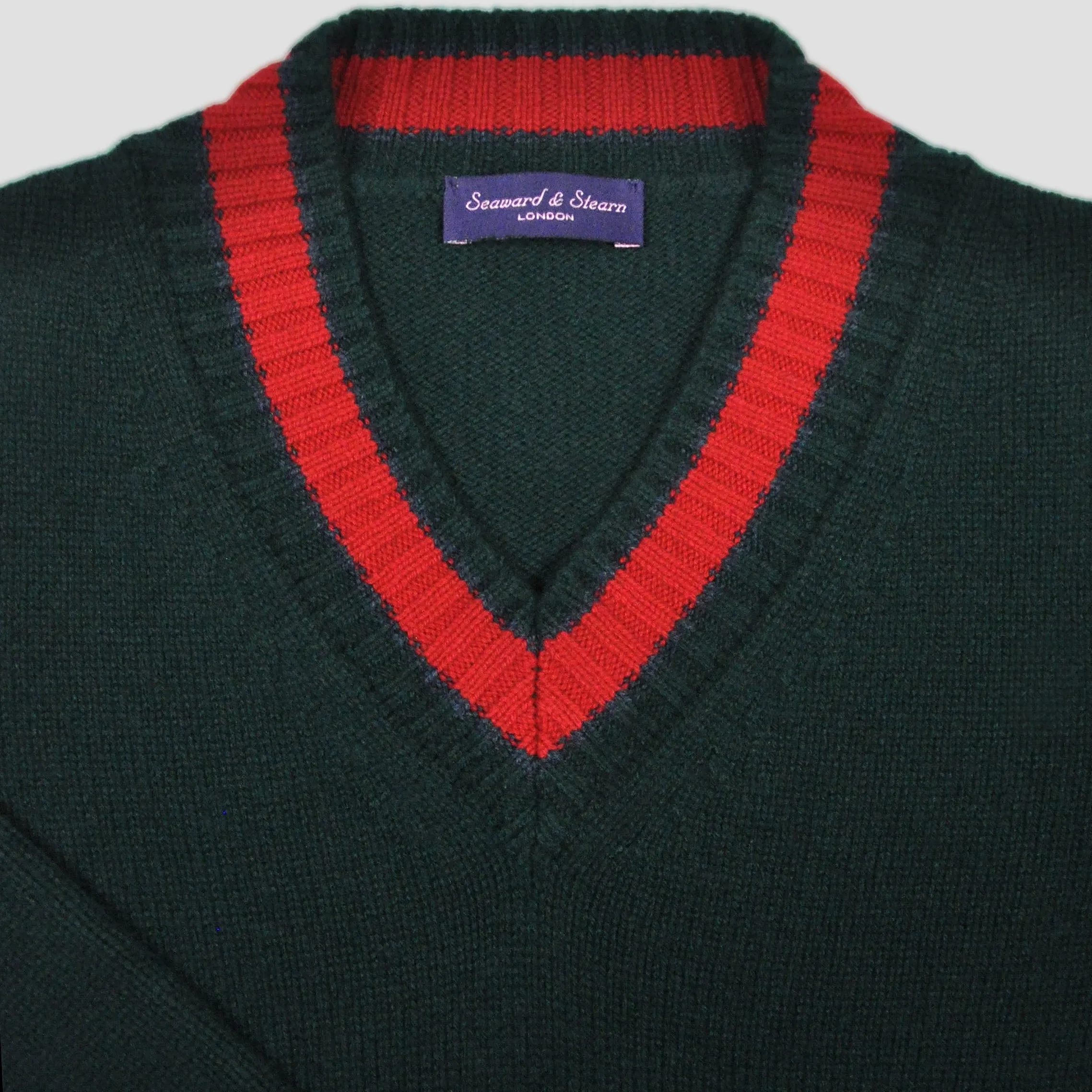 Merino Wool V-Neck Cricket Style Jumper in Bottle Green with Red Trim