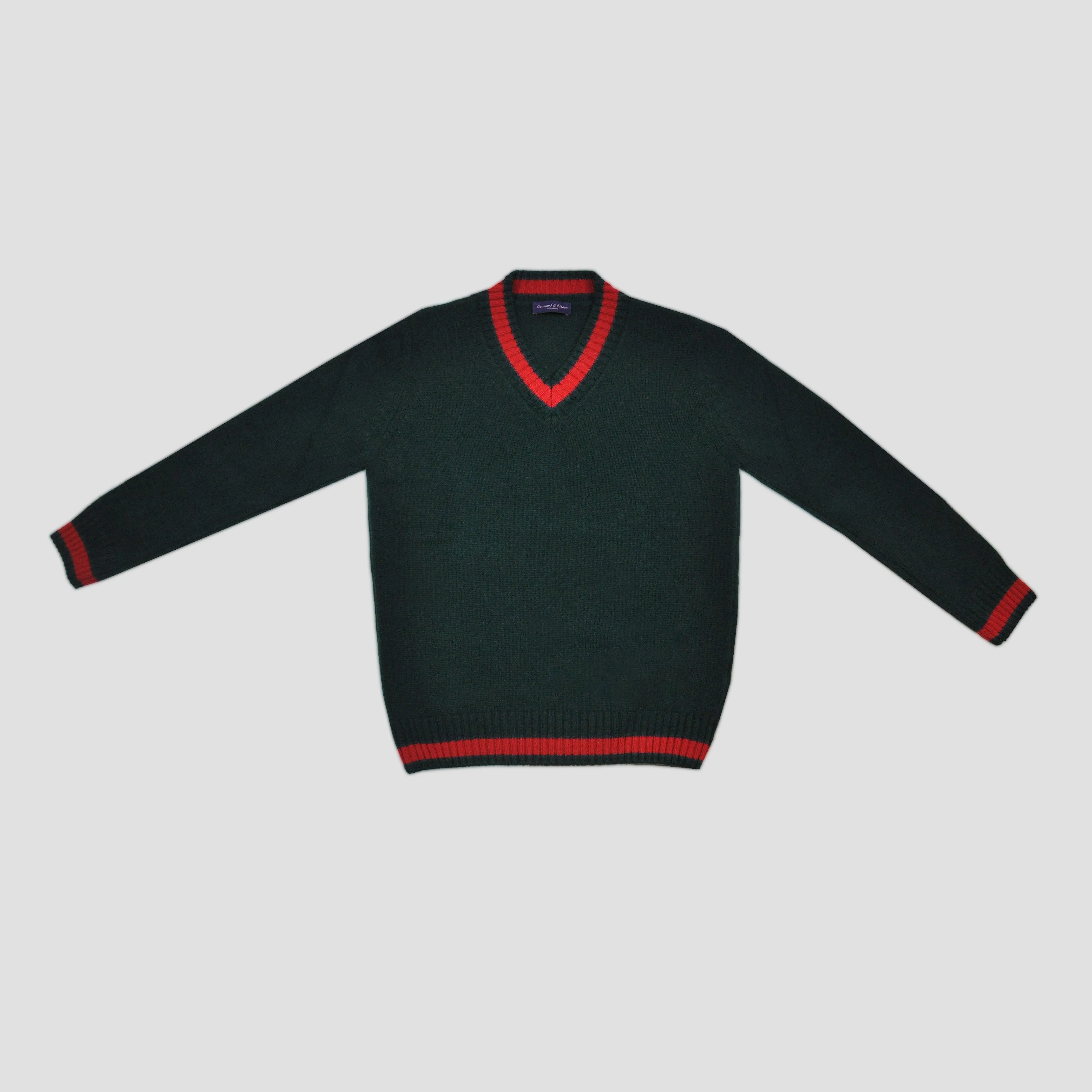 Merino Wool V-Neck Cricket Style Jumper in Bottle Green with Red Trim