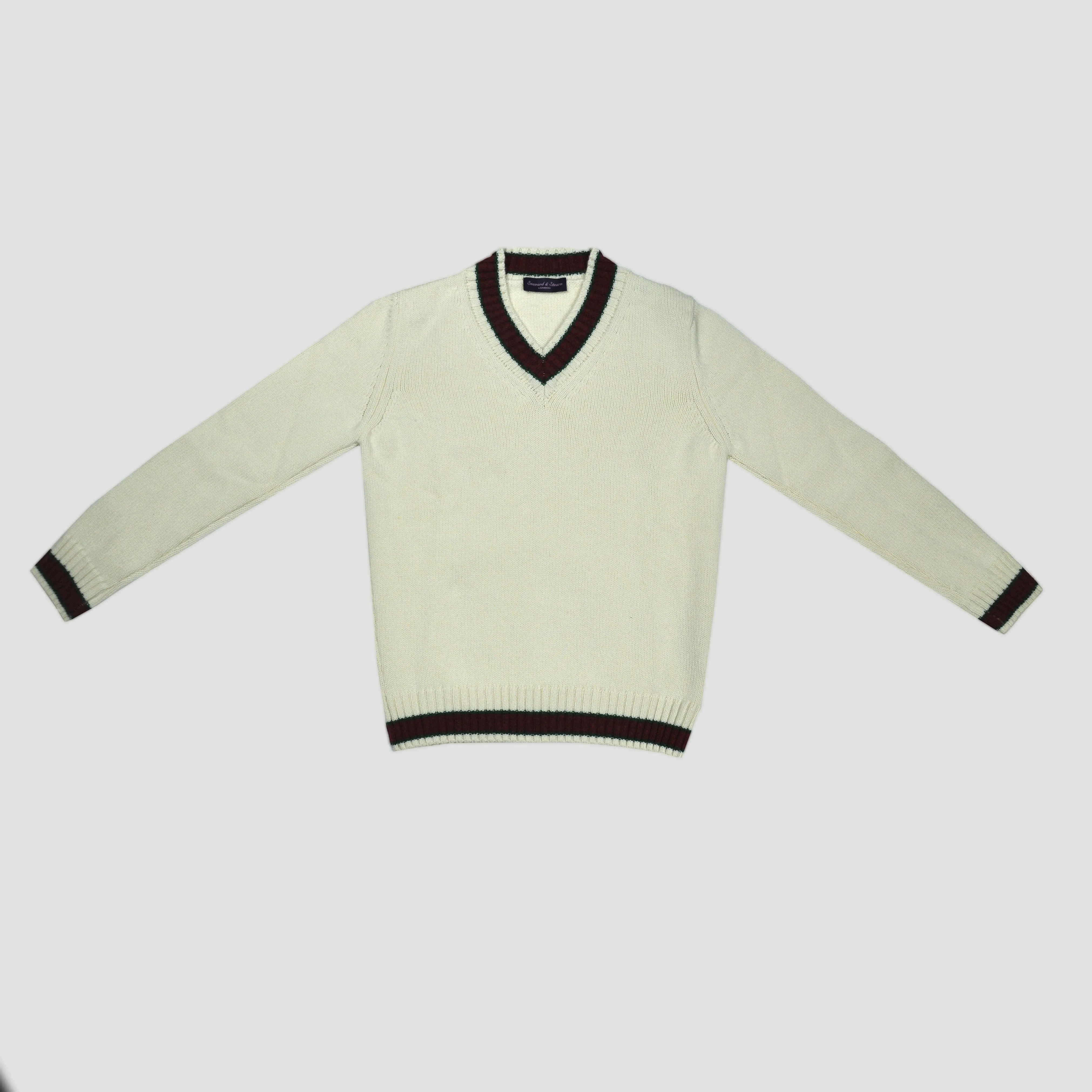 Merino Wool V-Neck Cricket Style Jumper in White with Green & Red Trim