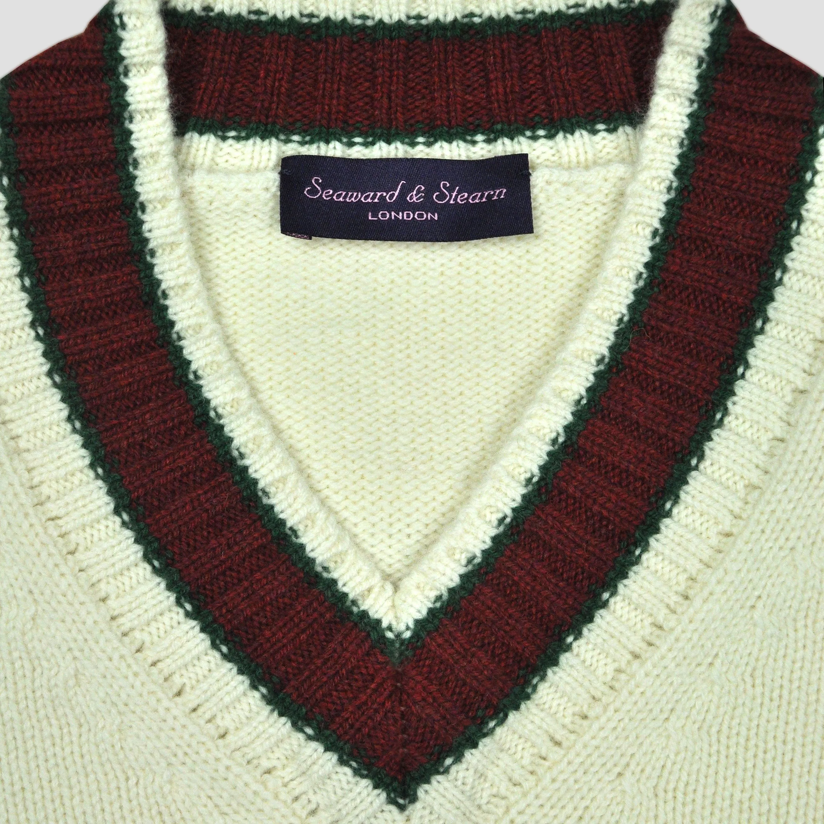 Merino Wool V-Neck Cricket Style Jumper in White with Green & Red Trim