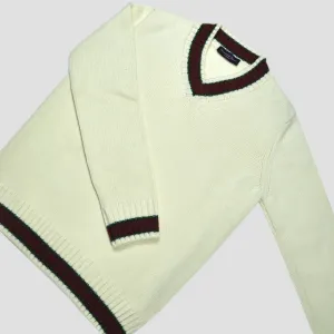 Merino Wool V-Neck Cricket Style Jumper in White with Green & Red Trim