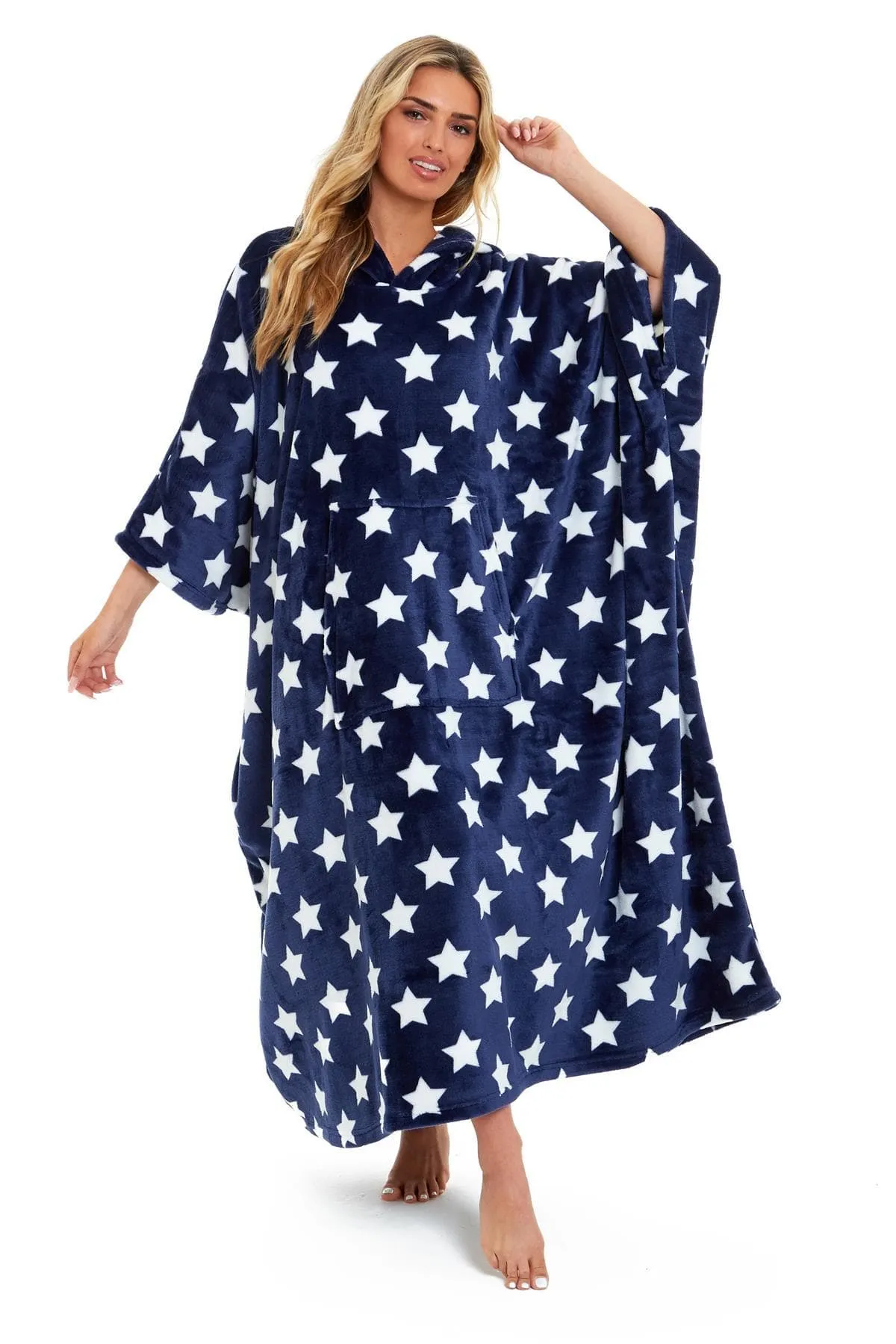 Oversized Hooded Fleece Poncho Blanket with Stars and Polka Dots Plush Wearable Blanket with Front Pocket for Adults Indoor Outdoor by Daisy Dreamer