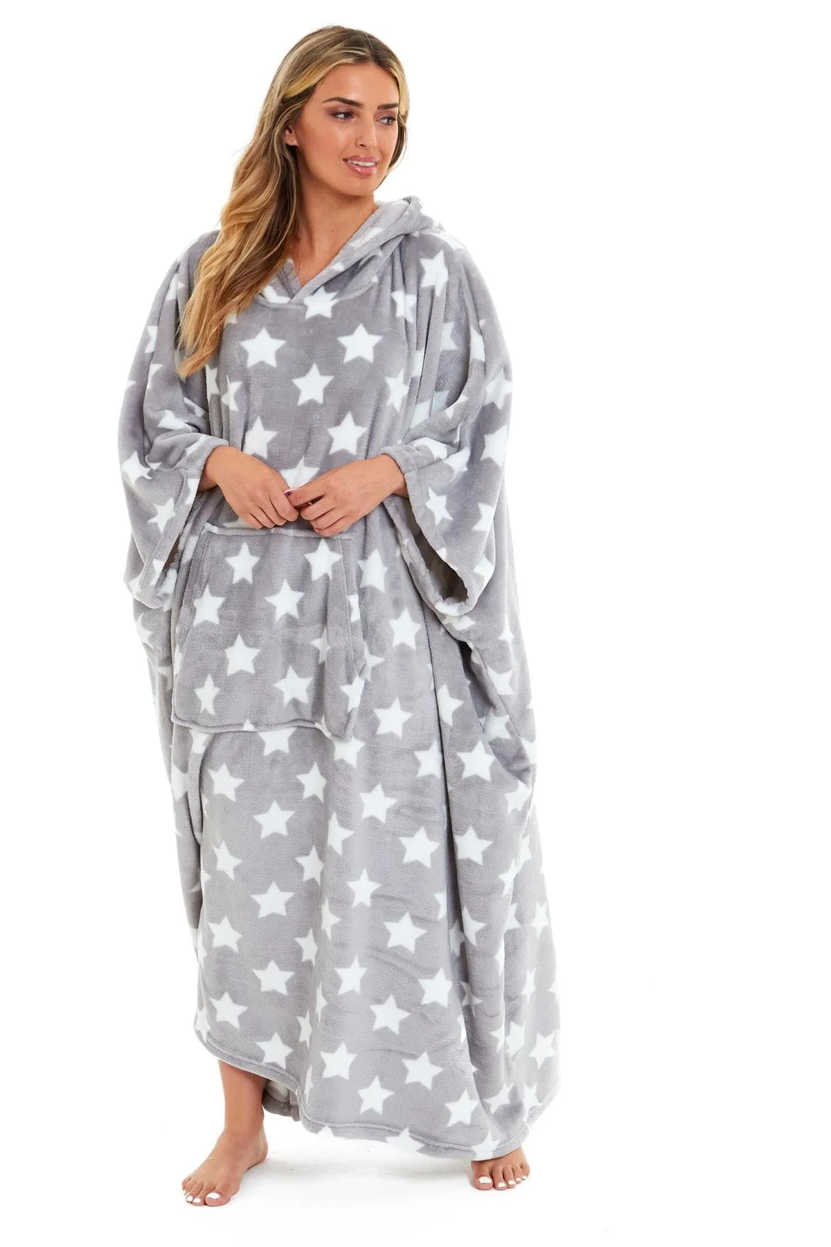 Oversized Hooded Fleece Poncho Blanket with Stars and Polka Dots Plush Wearable Blanket with Front Pocket for Adults Indoor Outdoor by Daisy Dreamer