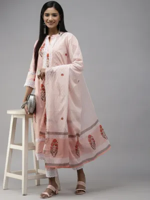 Peach Floral Printed Dupatta Set