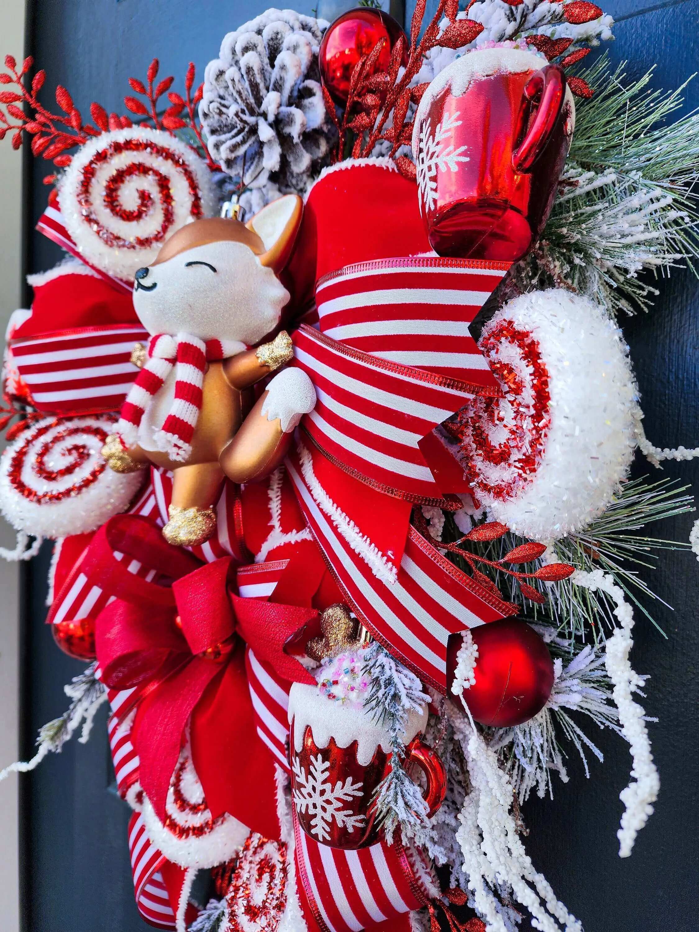 Peppermint Christmas Wreath for Front Door, Holiday Wreaths, Red and White, Whimsical Winter Fox, Hot Cocoa Mugs, Candy Swirls, Door Swag