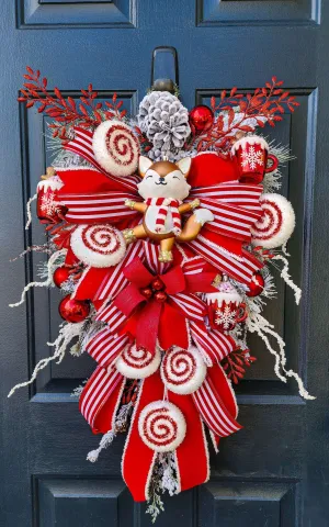 Peppermint Christmas Wreath for Front Door, Holiday Wreaths, Red and White, Whimsical Winter Fox, Hot Cocoa Mugs, Candy Swirls, Door Swag