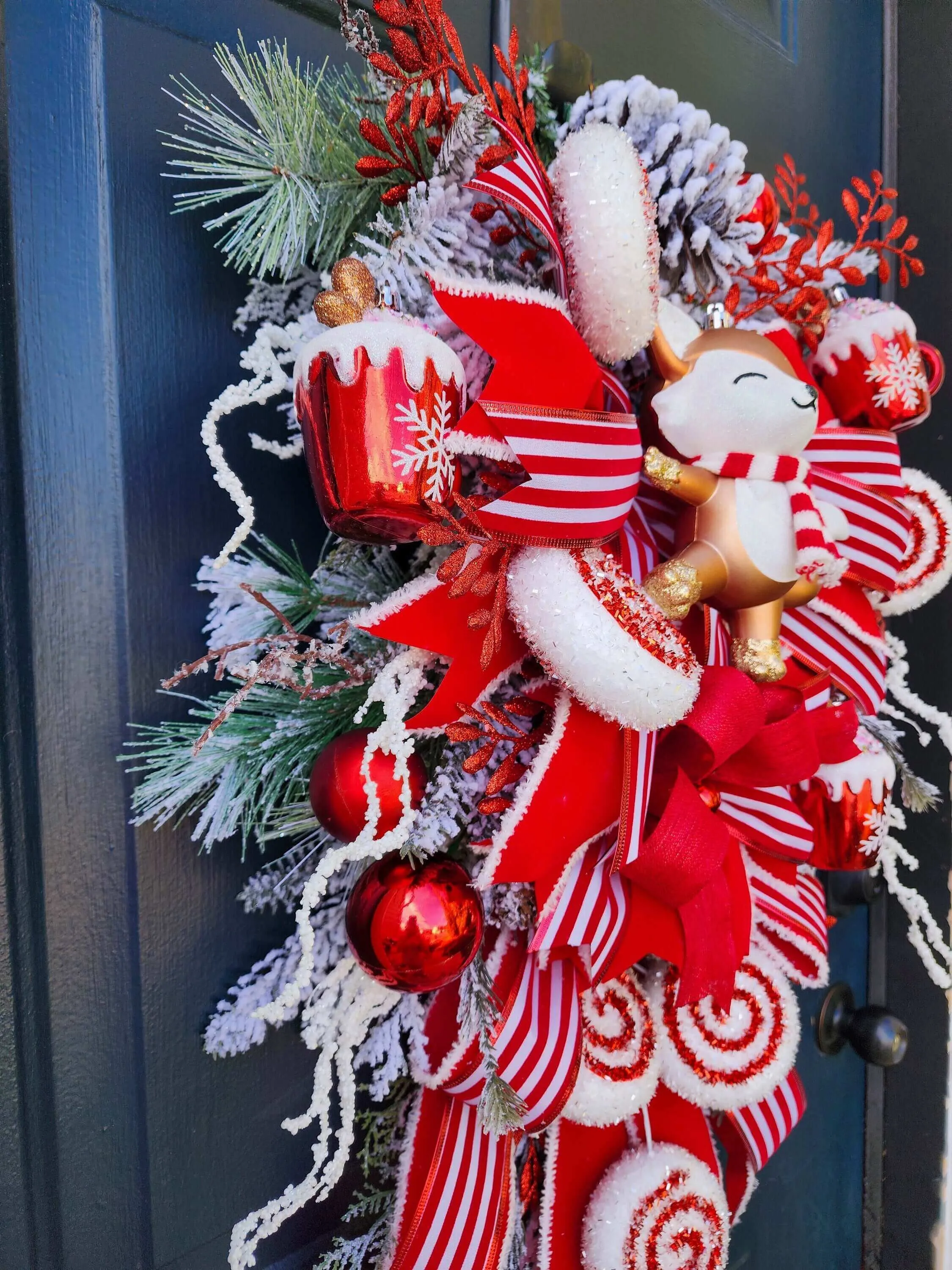 Peppermint Christmas Wreath for Front Door, Holiday Wreaths, Red and White, Whimsical Winter Fox, Hot Cocoa Mugs, Candy Swirls, Door Swag