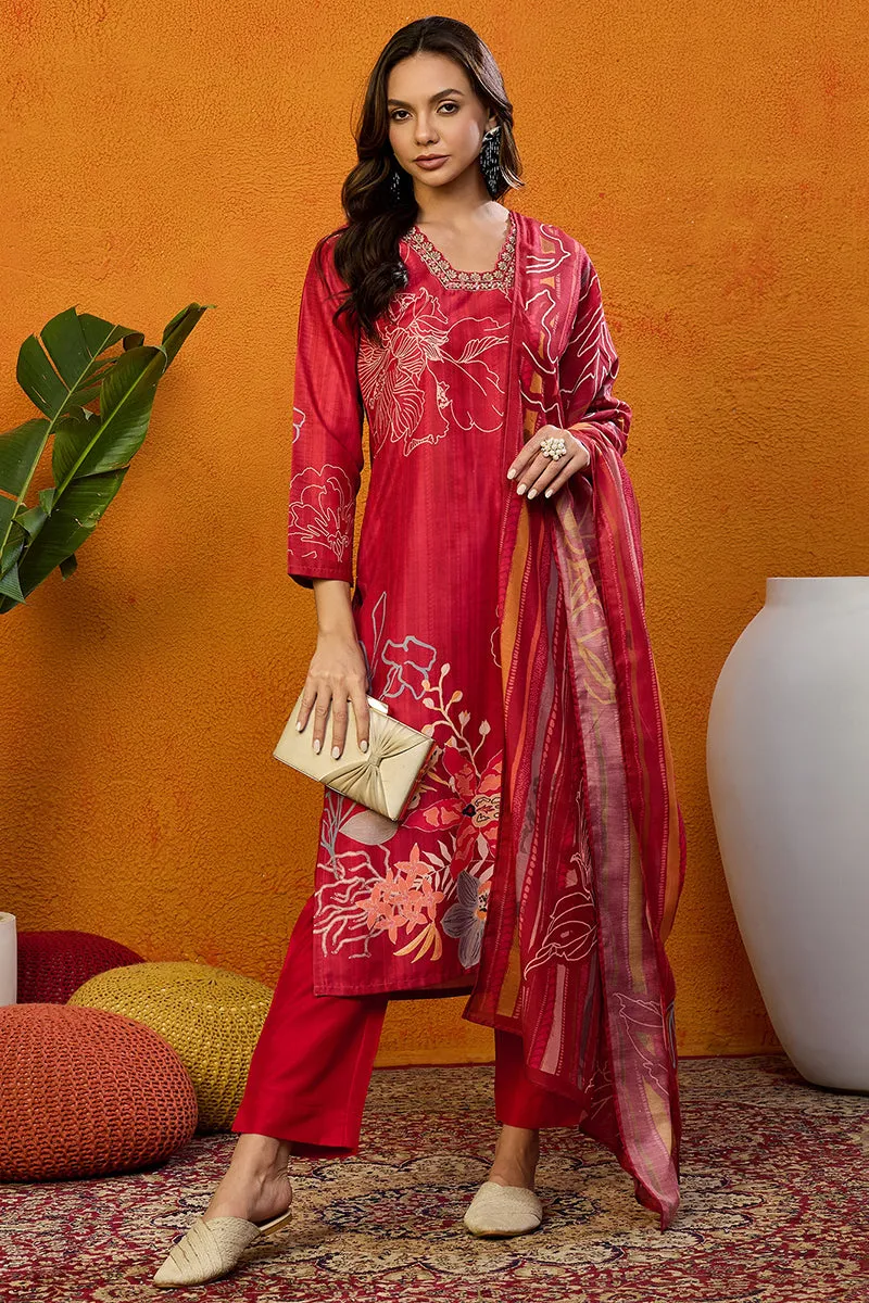 Red Silk Blend Floral Printed Straight Suit Set