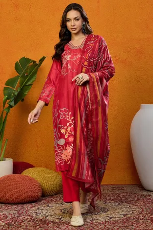 Red Silk Blend Floral Printed Straight Suit Set