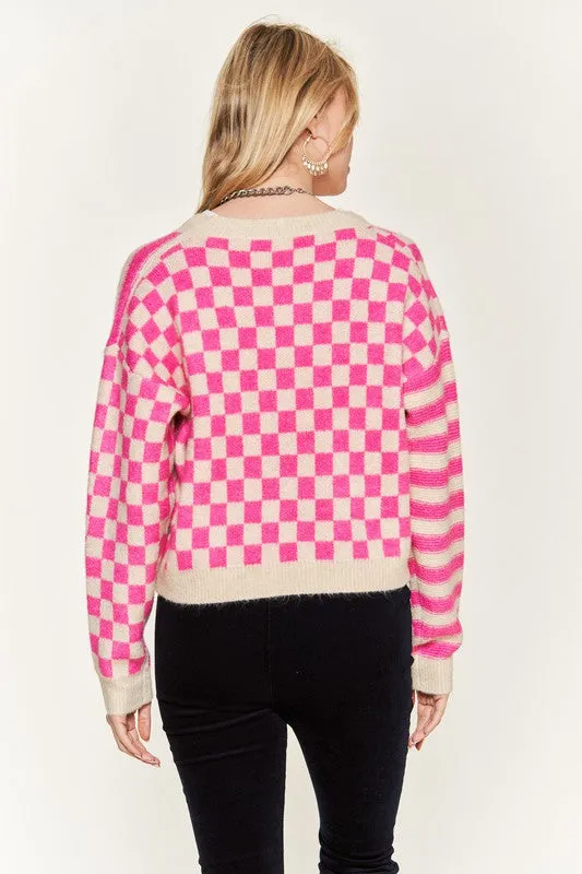 TEEK - Contrast Checkered Stripe Sweater Cardigan