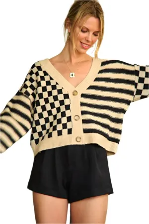 TEEK - Contrast Checkered Stripe Sweater Cardigan