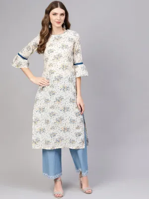 White & Blue Floral Printed Straight Kurta With Round Neck & Flared Sleeves