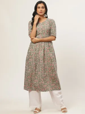 Women Multi Calf Length Three-Quarter Sleeves A-Line Floral Printed Cotton Kurta