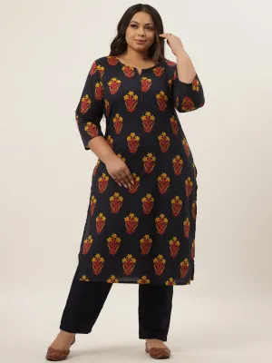 Women Navy Blue & Mustard Yellow Floral Print Pure Cotton Kurta With Palazzos