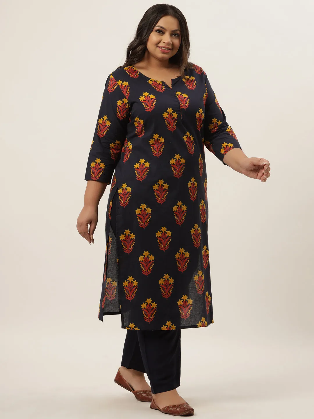 Women Navy Blue & Mustard Yellow Floral Print Pure Cotton Kurta With Palazzos