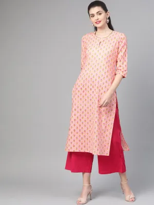 Women Peach & Yellow Cotton Straight Floral Printed Kurta