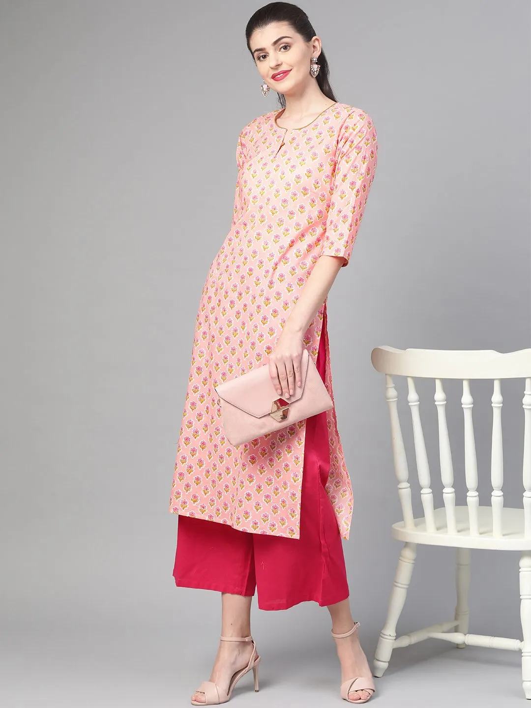 Women Peach & Yellow Cotton Straight Floral Printed Kurta